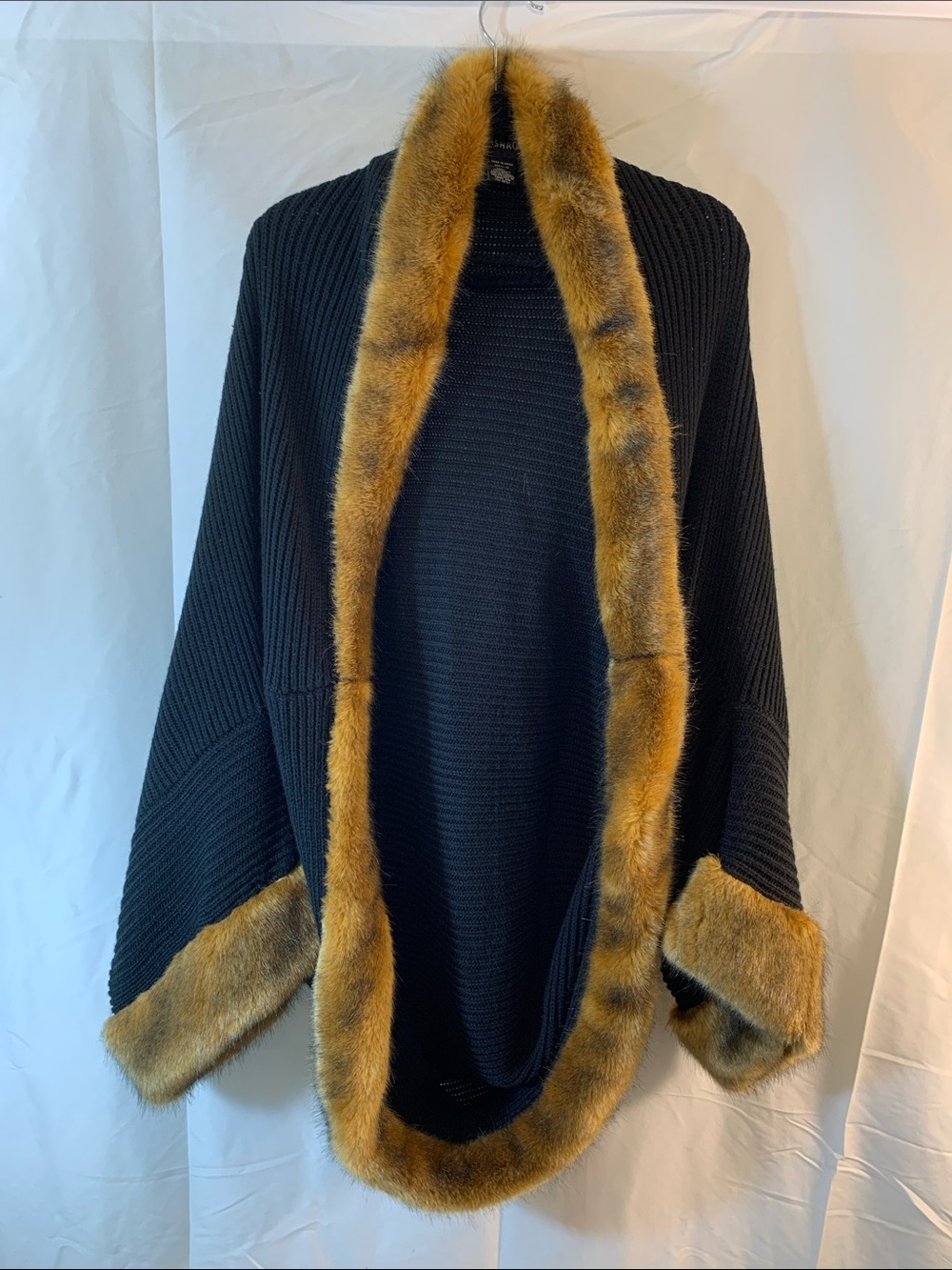 Ashro Black Knit Open-Front Jacket with Brown Faux Fur Trim